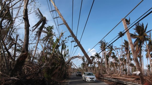 Un vehículo circula bajo postes eléctricos parcialmente colapsados, el 20 de octubre, en Naguabo, Puerto Rico. Después de que el huracán María azotó la isla, muchas casas fueron destruidas y la infraestructura necesita ser reparada.
