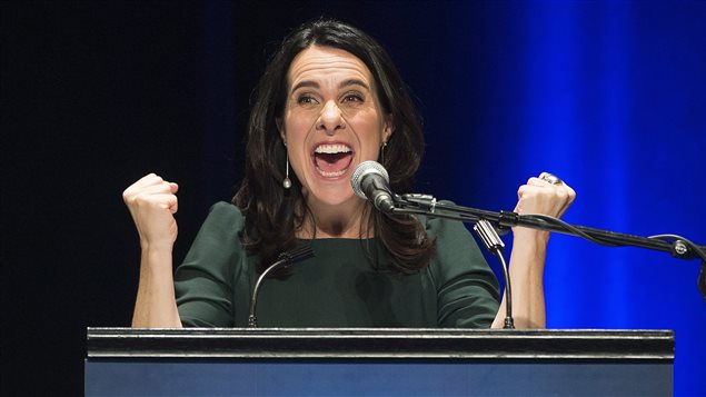 Valerie Plante speaks to supporters after being elected mayor of Montreal on municipal election night in Montreal, Sunday, November 5, 2017. 