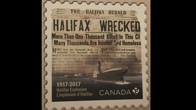 The newly released postage stamp commemoratiing the terrible disaster of the Halifax Explosion, 100 years ago next month.