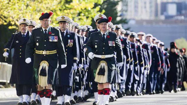 Members of the Canadian armed forces march during a Remembrance Day ceremony in downtown Montreal, Nov. 11, 2017.