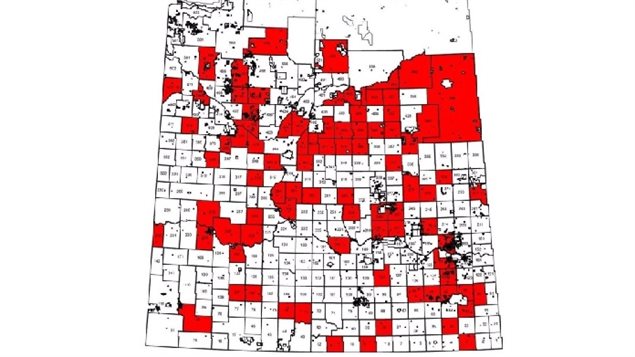 Map shows southern half of Saskatchewan. Red shows municipalities where boar have been sighted