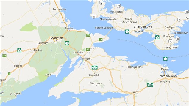 map showing the Chignecto isthmus connecting Nova Scotia to New Brunswick. The narrowest section around Amherst could be flooded with a combination of sea level rise, tides and storm surge