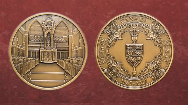 The medals are made of an alloy of bronze, copper,and zinc. The front of the medal features the Senate’s badge and the reverse side depicts the Senate Chamber. A space is provided to inscribe the name of the recipient