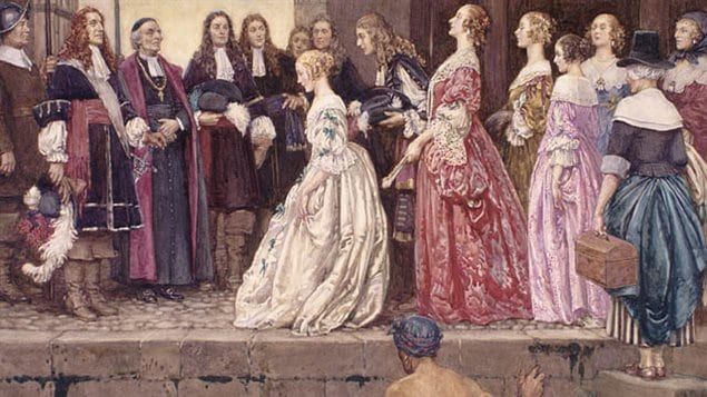L’arrivée des Filles du Roi en 1667, dans le but de marier des colons canadiens. Jean Talon, intendant de la Nouvelle-France, et Mgr François de Montmorency-Laval, évêque de Québec, les attendent. 
