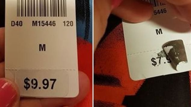 When she peeled off the sticker, Elizabeth MacMillan discovered a T-shirt Sears currently priced at $9.97 had previously been priced at $7.97. (Elizabeth MacMillan/Facebook)