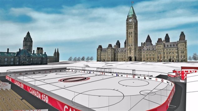 Artistic rendering of what the final rink will look like with parlaments *West Block* (L) and ?Centre Block with the Victory and Peace Tower (R( Not shown is the EAst Block