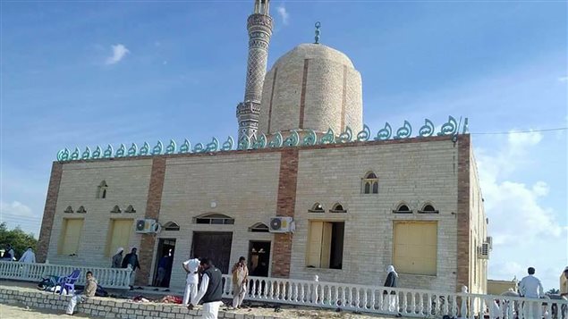View of the Rawda mosque, roughly 40 kilometres west of the North Sinai capital of El-Arish, after a gun and bombing attack, on November 24, 2017. A bomb explosion ripped through the mosque before gunmen opened fire on the worshippers gathered for weekly Friday prayers, officials said.