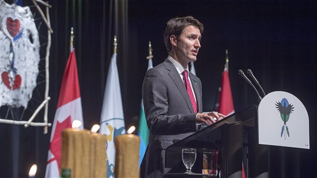 Prime Minister Justin Trudeau delivers an apology on behalf of the Government of Canada to former students of the Newfoundland and Labrador Residential Schools in Happy Valley-Goose Bay, N.L. on Friday, Nov. 24, 2017.