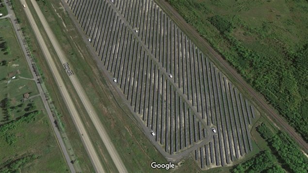 A huge field near Cornwall Ontario along the main 401 highway with acres of solar panels. Ontario pushed solar adoption with an expensive programme and now produces more power than it needs. Many say the cost of power should come down rather than sell excess to the U.S at a loss