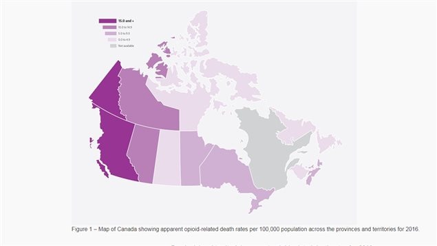Darker colours show where there is a higher incidence of opioid-related deaths in Canada.
