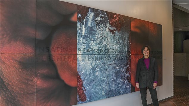Liz Ingram with *Fragile Source*, 2001 photo intaglio, screenprint, wood (modular print in 12 sections)200 x 444 x 12 cm (6.56 ft. x 14.6 ft. x 5 in)