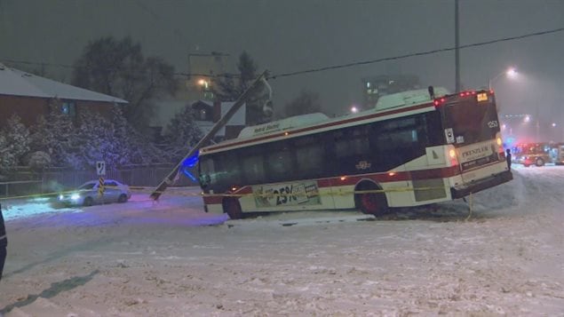 A toronto city  bus slid into a hydro electric power pole late Monday night. One of dozens of accidents as a result of slippery conditions