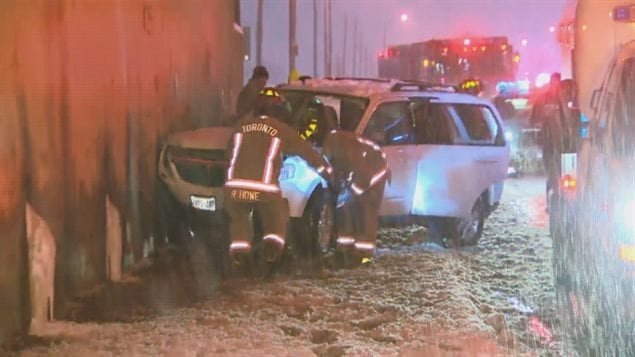 A sport utility vehicle slid into an underpass abutment one of many relatively minor accidents which kept police and other responders busy in Toronto last night.