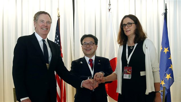 U.S. Trade Representative Robert Lighthizer, Japan’s Minister of Economy,Trade and Industry Hiroshige Seko, and European Commissioner for Trade Cecilia Malmstrom pose for a photo during a meeting at the 11th World Trade Organization’s ministerial conference in Buenos Aires, Argentina December 12, 2017. 