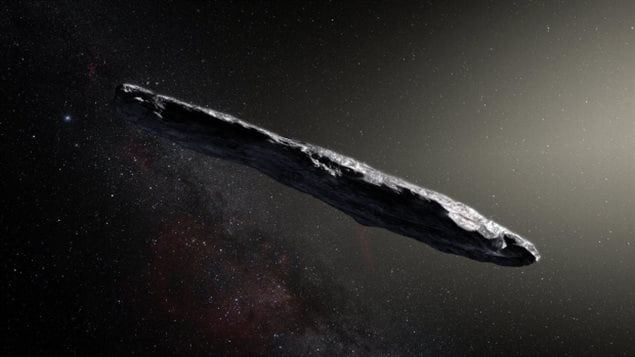 This artist’s impression shows the first interstellar asteroid: "Oumuamua". The object was discovered on 19 October 2017 by the Pan-STARRS 1 telescope in Hawaii