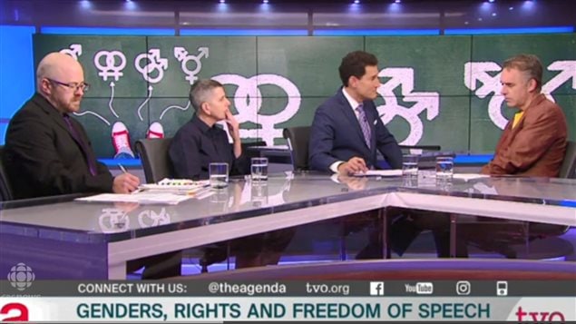 It was a short clip of this publicly broadcast TV debate which included Jordan Peterson (right) as part of her class on communication and words. Peterson declines to be obliged to use invented gender neutral pronouns.