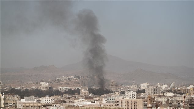 Smoke rises after an airstrike in Sanaa, Yemen December 15, 2017.
