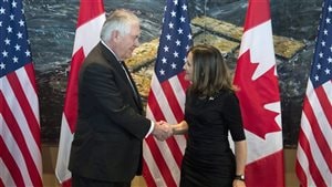 Foreign Affairs Minister Chrystia Freeland shakes hands with U.S. Secretary of State Rex Tillerson in Ottawa, Tuesday December 19, 2017.Photo Credit: PC / Adrian Wyld