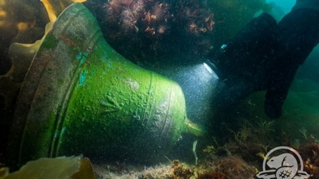 The British military broad arrow marking clearly seen on the bell of HMS Erebus. The ship was found in 2014.