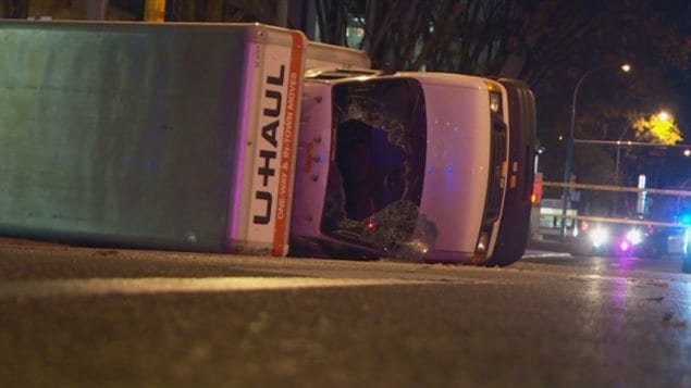 Oct 1,2017:  A rental van lies on its side in Edmonton after an attempted ramming attack, after the driver stabbed a policeman. Five people were injured. A Somali refugee,Abdulahi Hasan Sharif, 30, who came to Canada in 2012, has been charged