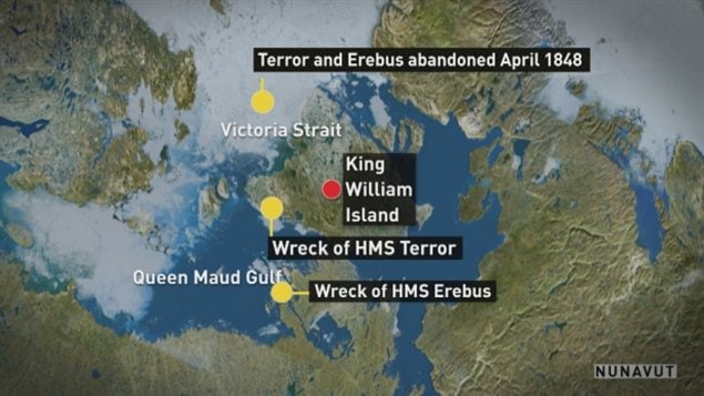 Showing where HMS Terror and Erebus were reported abandoned. It is believed Erebus was carried by ice, but suspicions now are that Terror may have been re-boarded and sailed to its location