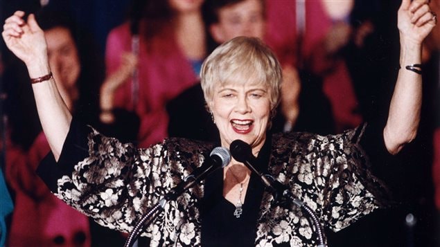 The first female mayor of Toronto, June Rowlands, seen celebrating her election victory on November 12, 1991, died Thursday at the age of 93. A series of controversies limited her to one term and she retired from politics in 1994.