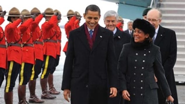 U.S. President Barack Obama is welcomed by Gov. Gen. Michaëlle Jean at Ottawa International Airport on Feb. 19, 2009, less than a month after Obama was inaugurated.