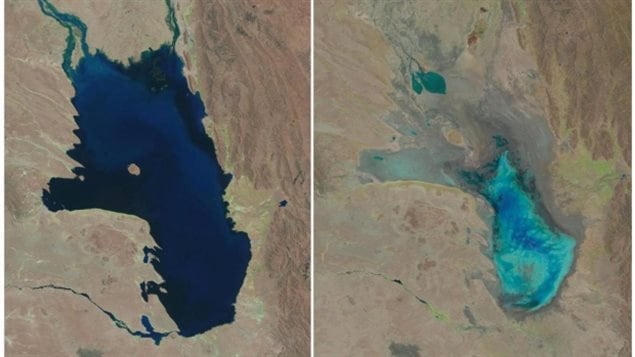 Oct, 11, 1986, left, and almost dry on Jan. 16, 2016, right, in Bolivia. The lake has been dried twice in the past and recovered, but scientists say as the Andean glaciers feeding the lake disappear, and human activity diverts water, the lake may never recover this time.