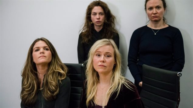 Plaintiffs, left to right, Diana Bentley, Hannah Miller, Kristin Booth and Patricia Fagan attend a press conference after filing lawsuits alleging sexual harassment from Soulpepper Theatre Company director Albert Schultz.