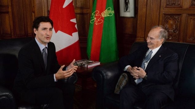 Prime Minister Justin Trudeau meets with the Aga Khan on Parliament Hill in Ottawa on Tuesday, May 17, 2016. The ethics commissioner ruled Wednesday that Trudeau should have recused himself from part of the meeting
