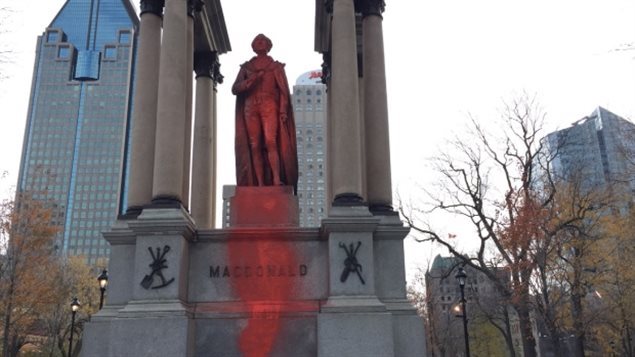The John A. Macdonald statue in downtown Montreal was vandalized Nov 2017 prior to a large demonstration Sunday by anti-racist groups in the city 