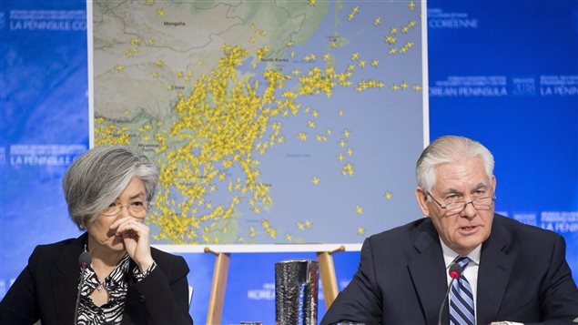 Korean Foreign Affairs Minister Kang Kyung-wha looks on as Secretary of State of the United States, Rex Tillerson speaks during the meeting on Security and Stability on the Korean Peninsula in Vancouver, B.C., Tuesday, Jan. 16, 2018. 