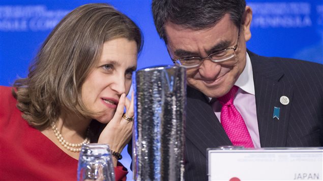 Minister of Foreign Affairs, Chrystia Freeland speaks with Japan’s Foreign Affairs Minister Taro Kono during the meeting on Security and Stability on the Korean Peninsula in Vancouver, B.C., Tuesday, Jan. 16, 2018. 