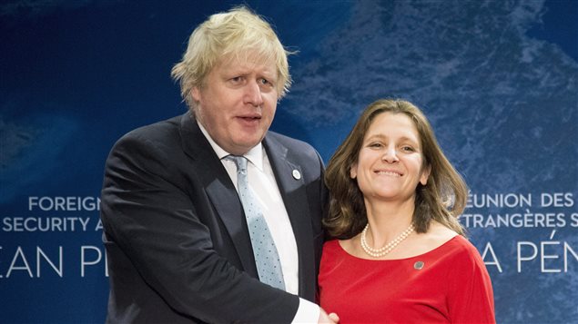 Minister of Foreign Affairs Chrystia Freeland meets Secretary of State for Foreign and Commonwealth Affairs Boris Johnson during the meeting on Security and Stability on the Korean Peninsula in Vancouver, B.C., Tuesday, Jan. 16, 2018.