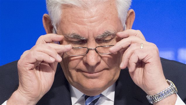 Secretary of State of the United States, Rex Tillerson adjusts his glasses during the meeting on Security and Stability on the Korean Peninsula in Vancouver, B.C., Tuesday, Jan. 16, 2018.
