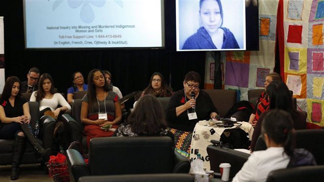 The family of Nicole Daniels speaks at the opening day of hearings at the National Inquiry into Missing and Murdered Indigenous Women and Girls in Winnipeg, on Oct. 16, 2017. Delays, missteps, and high turnover have lead to repeated criticism of the inquiry’s management