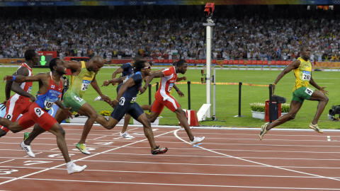 Usain Bolt en finale du 100 m à Pékin.