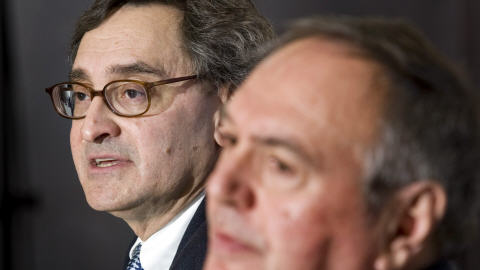 Michael Sabia (à gauche) en compagnie du président du C.A. de la Caisse de dépôt et placement du Québec, Robert Tessier