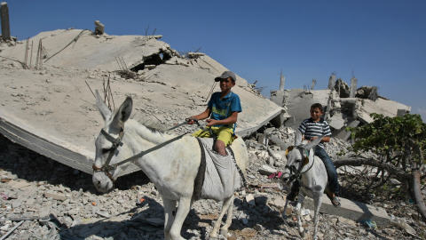Des garçons se promènent à dos d'âne dans le camp de réfugiés de Jabaliya.
