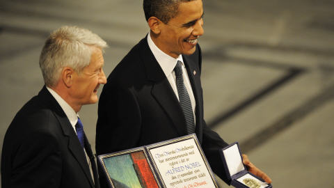 Le président du comité Nobel norvégien Thorbjoern Jagland et le président américain Barack Obama