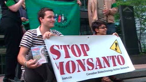 Des écologistes et des syndicats agricoles québécois ont manifesté devant le consulat d'Haïti à Montréal.