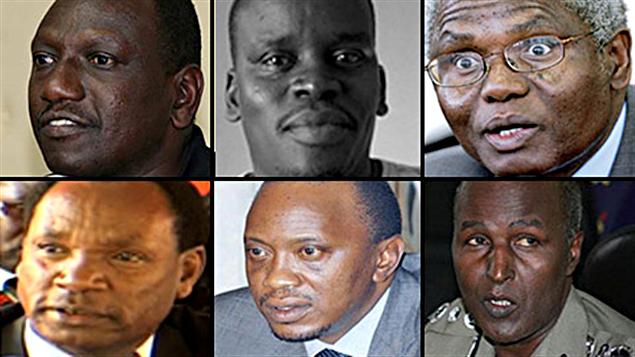 Première rangée, de gauche à droite : William Ruto, Joshua Arap Sang et Francis Muthaura. Deuxième rangée : Henry Kosgey, Uhuru Kenyatta et Hussein Ali.