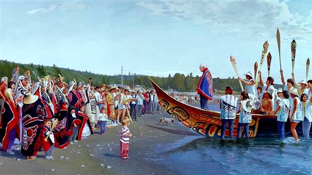 « Arrivée du Lootaas à Skidegate, le 11 juillet 1987 », d'après une huile originale par Gordon Miller, 1988