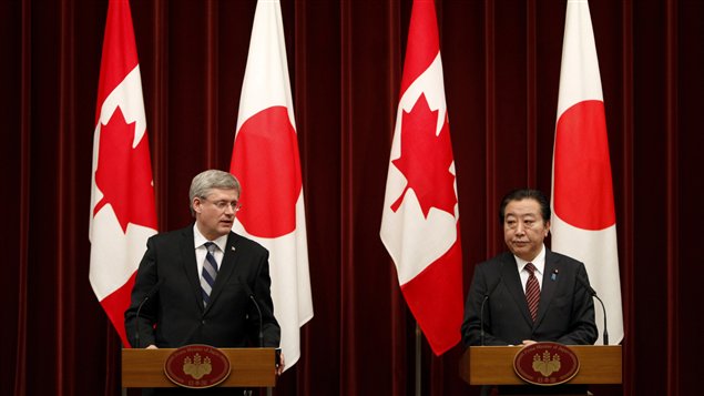 Le premier ministre du Canada, Stephen Harper, lors d’une conférence de presse conjointe avec le premier ministre du Japon, Yoshihiko Noda, à Tokyo, le 25 mars 2012.