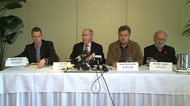 Point de presse des représentants des professeurs universitaires qui s'indignent contre la judiciarisation de la grève, le 19 avril 2012