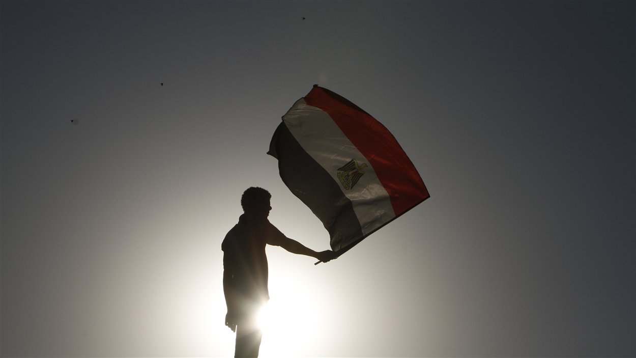 Un manifestant tenant un drapeau égyptien à la place Tahrir, au Caire