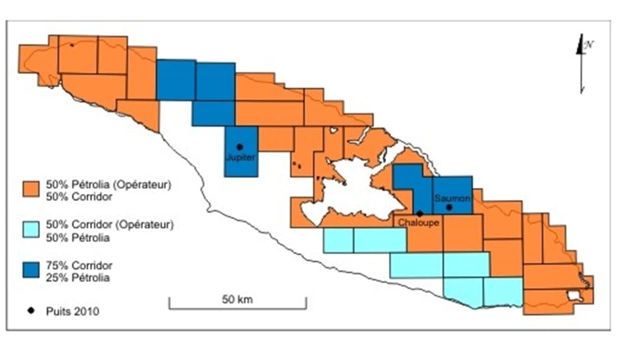 La carte de l'exploration de Pétrolia sur l'île d'Anticosti