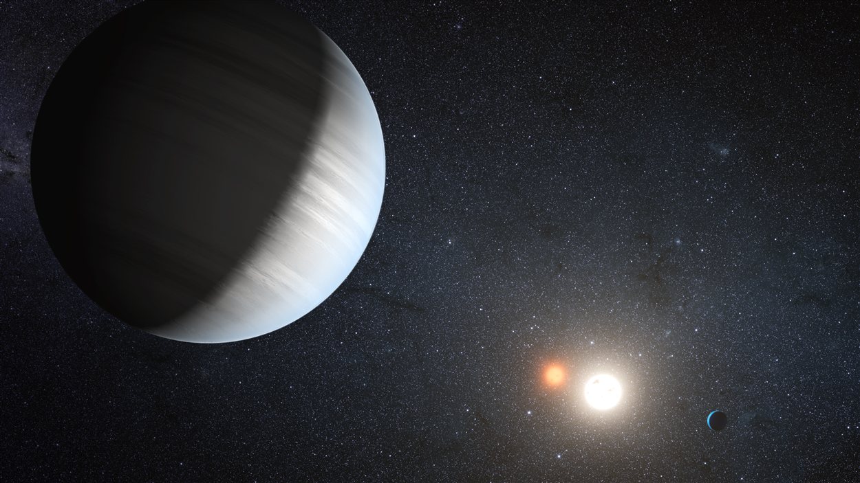 Une vue d'artiste montrant l'étoile Kepler-47.