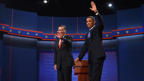 Mitt Romney et Barack Obama lors du premier débat télévisé en vue de l'élection présidentielle de novembre. 