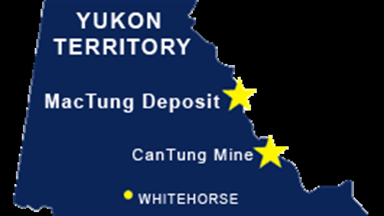une carte du Yukon sur lesquelles sont identifiées la mine CanTung et MacTung